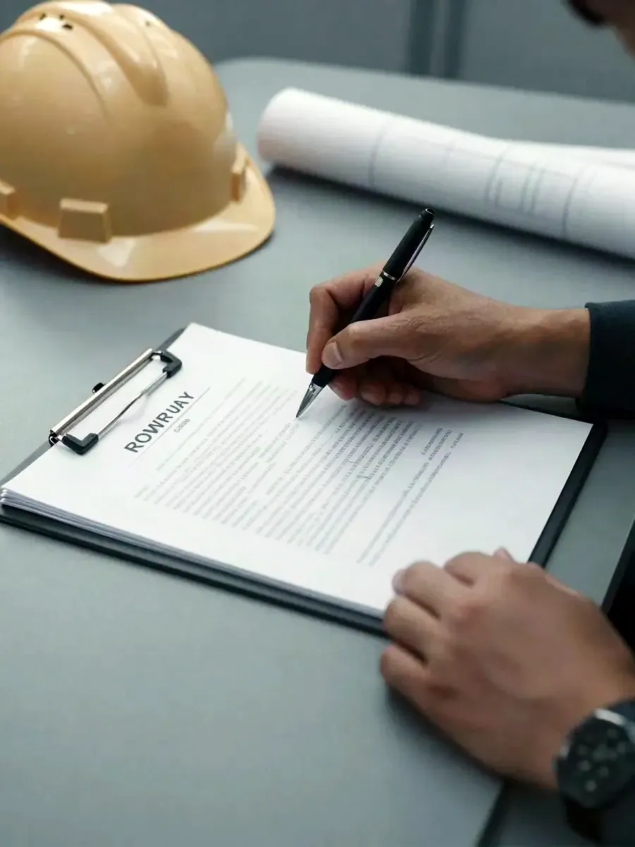Hands signing a printed proposal on a clipboard