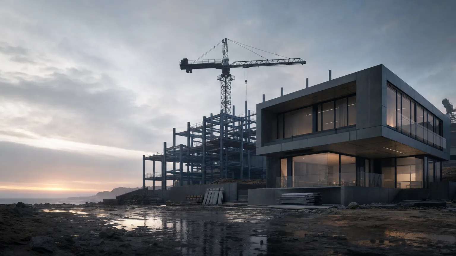 Buildcore site at dusk — concrete frame going up under a tower crane