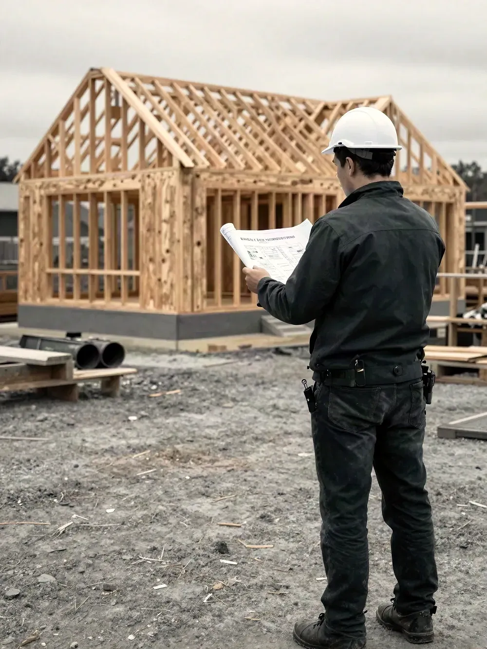 Site manager reviewing plans against a framed structure