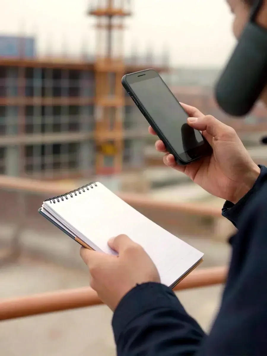 Hands holding a phone on a construction site